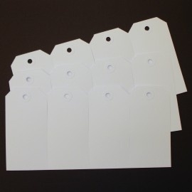 50 blanco witte kartonnen labels met ponsgat en versterkingsoog. Afmetingen: 55 x 110mm