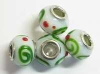 Per stuk Glaskraal European-style wit met groene krul en rode stip 14 mm