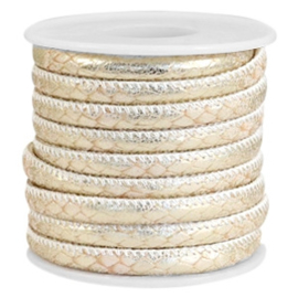 1 rol met 4 meter gestikt imitatie leer 6x4mm Reptile Soft beige-Champagne gold metallic (kies voor pakketpost)