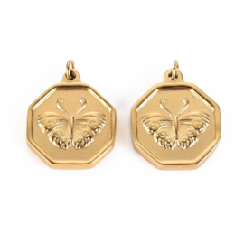 1 x Chirurgisch staal RVS 316L bedeltje met vlinder real 14K gold plated 18 x 15 x 2,5mm, Buig Ring: Ø 2,8mm