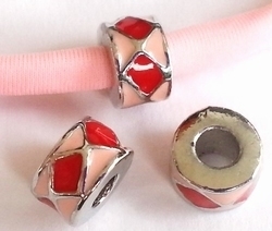 1 x Metalen European Jewelry kraal rond roze met rode blokjes antiek zilver 11 mm