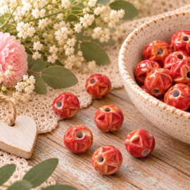 3 x Keramiek kralen rond met gevlochten effect 12 mm – rood gemêleerd