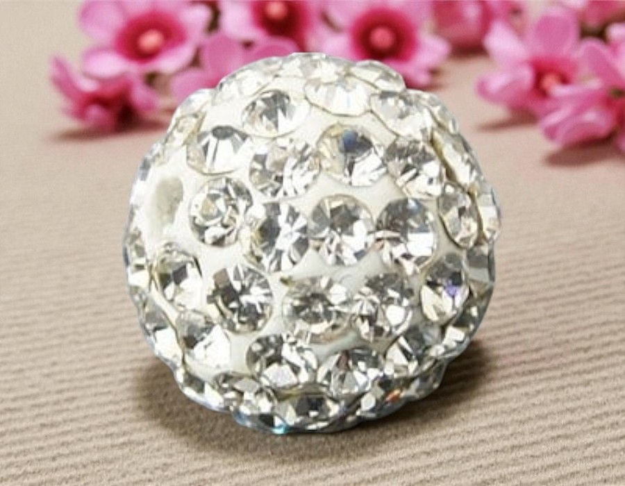 1 x Grote Shamballa kraal 14 mm – wit met Crystal steentjes – rijggat ca. 2 mm