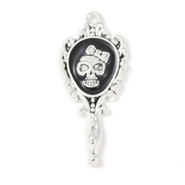 1 x Metalen bedeltje Halloween spiegel met skull – antiek zilverkleur (Rack Plating) – 35,5 x 15 x 3 mm – oogje ca. 1,6 mm (nikkelvrij)