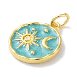 Bedel medium Turquoise emaille met zon en maan, 18K Gold plated 15 x 13 x 2mm oogje 3,4mm