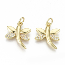 1x 16K Gold plated vergulde Libelle bedel met zirconia's en 17 x 14 x 2,5mm oogje 5 x 0,8mm (Nikkelvrij)