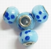 Per stuk Glaskraal European-style aqua met blauwe stippen 14 mm