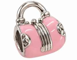 1 x Metalen European Jewelry kraal tasje 13 x 11 x 8 mm – gat 4 mm – platinumkleur met roze emaille