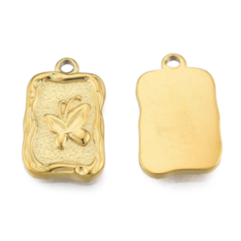 1 x Ion Plating (IP) RVS 304 vlinder bedel Real 18k Gold Plated, 22 x 14 x 2,5mm oogje 2mm