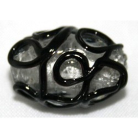 2 x Zilverfolie glaskraal transparant zwart bewerkt 16 x 10 mm