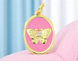 Bedel emaille ovaal vlinder roze met Zirconia steentje, 18K goldplated 18 x 12 x 2,5mm oogje 3mm