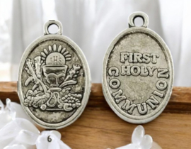 5 x Metalen bedeltje ovaal 1e heilige communie muntje, antiek zilverkleur 25 x 16 x 2mm oogje 2mm