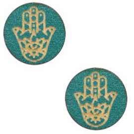 2 x Houten cabochon Hamsa hand van Fatima 12mm Petrol blue