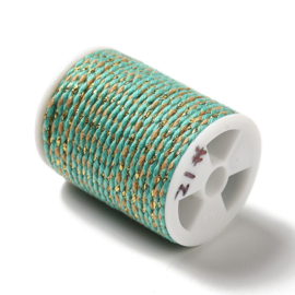 1 rol Metallic gevlochten koord – katoen/polyester mix – 1,5 mm – Turquoise met goudkleurige draad – 4 meter