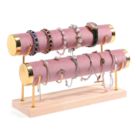 Luxe armbanden display met 2 rollen, oud roze fluweel hout en metalen gouden accessoires