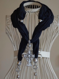 Schitterende Polyester Katoen bedel sjaal zwart met metalen Kruis medium hanger met strass