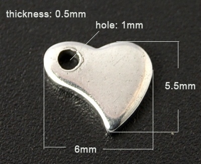10 stuks RVS blanco kleine bedeltjes hartje Platinum kleur 6 x 5,5 x 0,5mm gat: 1mm | Label |