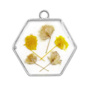 1 x  Bedels met gedroogde bloemetjes hexagon Silver-yellow