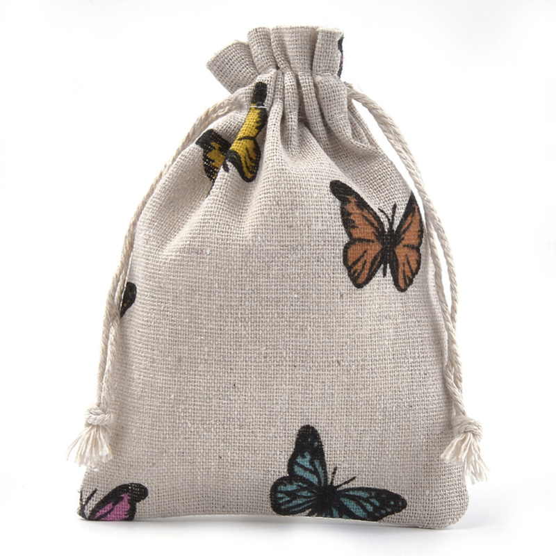 Stoffen cadeauzakje met vlinders  c.a. 14 x 10 cm  kleur en stof: Jute zand kleur