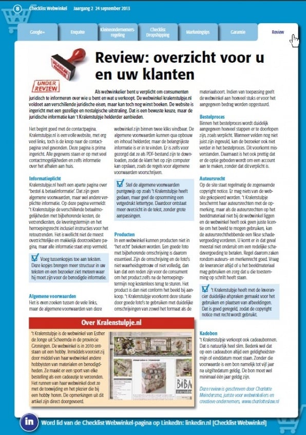 Artikel Checklist Webwinkel Jaargang 2 september 2013 't Kralenstulpje