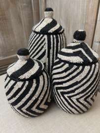 Kralen deco  potten met deksel zwart/zandkleur
