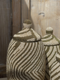 Kralen deco potten met deksel goud/zandkleur