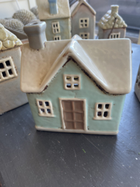 Keramiek theelichthuisje blauw met handvat
