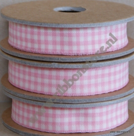 Roze geruit lint 15 mm