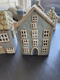 Keramiek theelichthuisje Gevelhuisje blauw