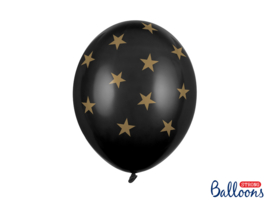 Zwarte ballonnen met sterretjes van goud - 6 stuks