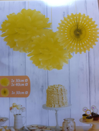 Set pompons met papieren waaier - Geel