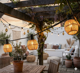 Prikkabel compleet met lampen en rotanlook kapje lichte houtkleur