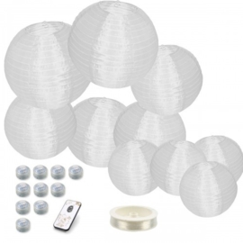 10 witte buiten lampionnen + warme led verlichting