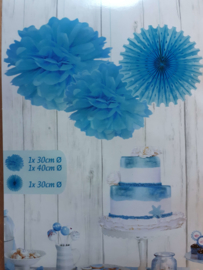 Set pompons met papieren waaier - Licht blauw