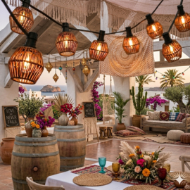 Prikkabel compleet met rotan lampenkapjes Ibiza stijl