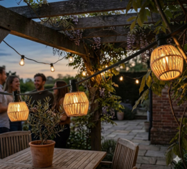 Prikkabel compleet met lampen en rotanlook kapje lichte houtkleur