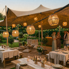 Prikkabel compleet met boho lampenkapjes gemeleerde houtkleur