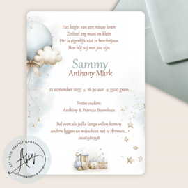 Enkel Geboortekaartje Ballon en Sterren – Afgeronde Hoeken - GZ296