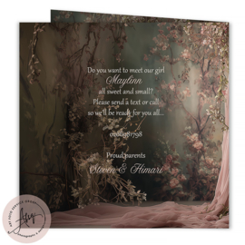 Dromerig geboortekaartje met foto met een babybedje en bloesems - GB021