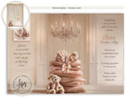 Fotogeboortekaartje van een babykamer met kussentjes en de foto van jouw kindje - GB620P