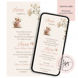 Digitale geboortekaart zonder foto met beertje en bloemen -DGZ00167