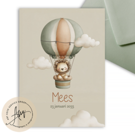 Geboortekaartje met een leeuwtje in een luchtballon - GZ147