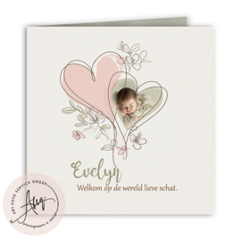 Geboortekaartje met foto met lieve hartjes  - FGB602