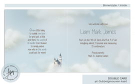 Sprookjesachtig geboortekaartje jongen op wolk met kasteel - GB457