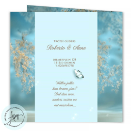 Droom geboortekaartje met foto in blauwe bloesemtak - GB331