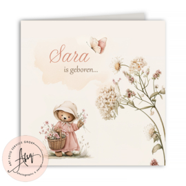 Geboortekaartje met illustratie – beertje met bloemenmandje - GZ001