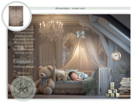 Geboortekaartje met een babykamer op zolder met een teddybeer - GB084