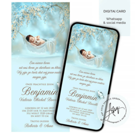 Droom geboortekaartje met foto in blauwe bloesemtak - GB331