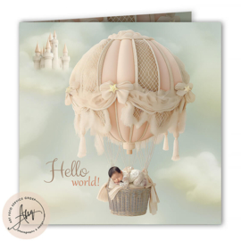 Dromerig geboortekaartje met eigen babyfoto in roze luchtballon - GB024