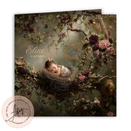 Droom geboortekaartje met eigen foto in een nestje met bloemen- GB008
